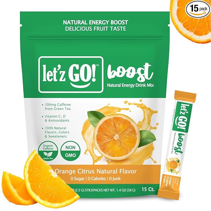 Let'z Go Clean Energy Drink Mix – Natural Caffeine Packets, Vitamins C + D, Electrolytes, Sugar-Free, Zero Calories | Anytime Energy | 15 Count (Orange Citrus)