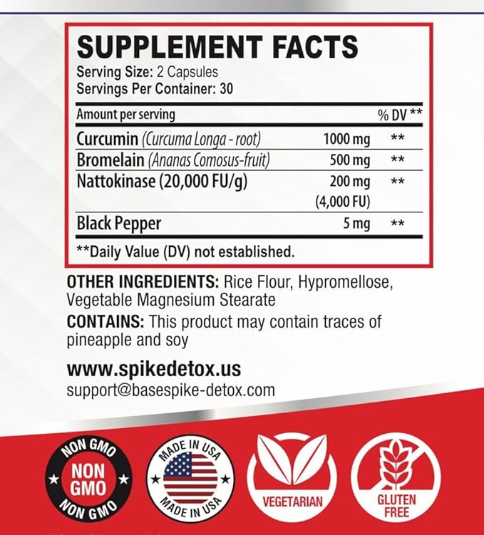 Spike Protein Detox 3-in-1 Supplement - Nattokinase 4000FU, Bromelain 500mg, Curcumin 1000mg - Unflavored Spike Support - Optimal Protein Balance for Daily Health - 60 Capsules, 30 Day Supply