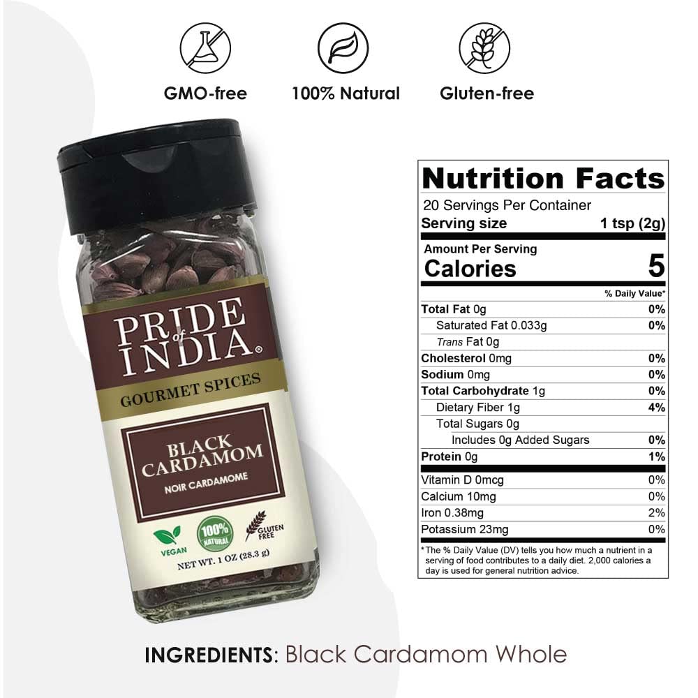Pride of India – Black Cardamom Whole – Cardamom Pods – Firm & Smoky Flavor – Freshly Dried – Ideal for Indian & Asian Cooking – Easy to Use – 1 oz. Small Dual Sifter Bottle