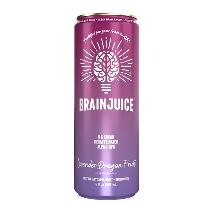 Brainjuice Brain Health Support Drink for Energy & Focus, Vitamin C, B5, B6 & B12, L Theanine, Alpha GPC & Natural Caffeine From Green Tea, Vegan, Gluten Free, Lavender Dragon Fruit, 12 Oz Can, 6 Pack