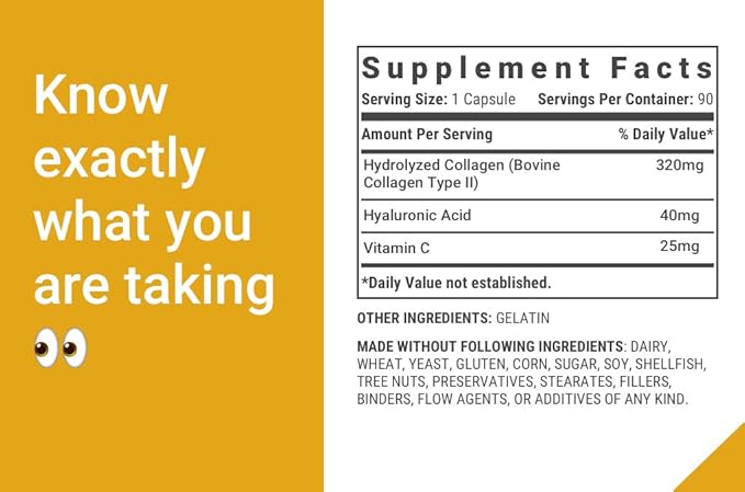 Type 2 Collagen for Joint Support | Grass-Fed Hydrolyzed with Hyaluronic Acid & Vitamin C | Joint Health & Cartilage Support