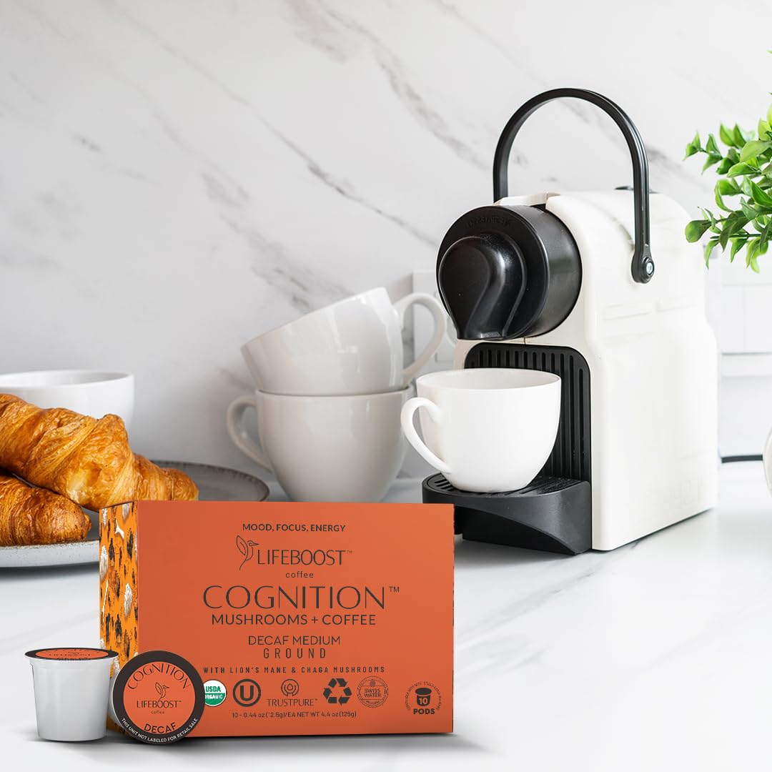 Lifeboost Cognition Decaf Mushroom Coffee Pods – Organic Low Acid Decaf K-Cups with Lion’s Mane & Chaga Adaptogens – Nootropic Coffee for Focus, Energy & Immune Support – 10 Count