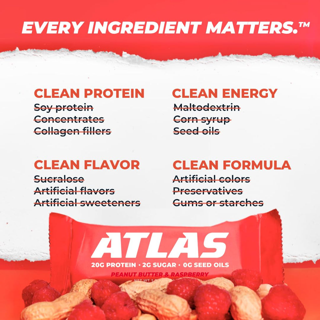 Atlas Protein Bars - 20g Protein, 2g Natural Sugar, 0g Seed Oils (Peanut Butter Raspberry, 24 Count)