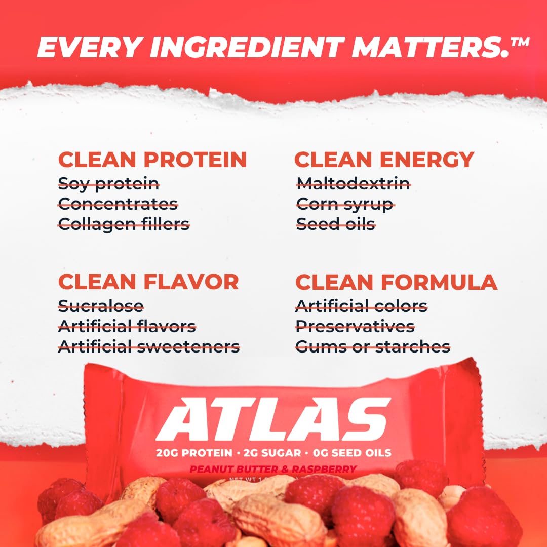 Atlas Protein Bars - 20g Protein, 2g Natural Sugar, 0g Seed Oils (Peanut Butter Raspberry, 24 Count)