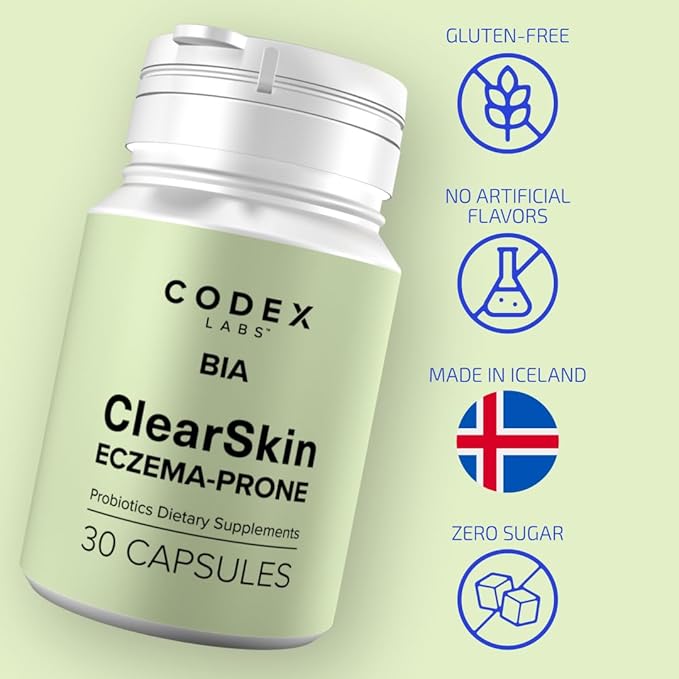 Codex Labs BIA Eczema Probiotic – 30 Capsules | Synbiotic for Eczema-Prone Skin with Clinically Proven Probiotics & Prebiotic Blueberry | Gut-Skin Barrier & Immune Support | 30-Day Supply