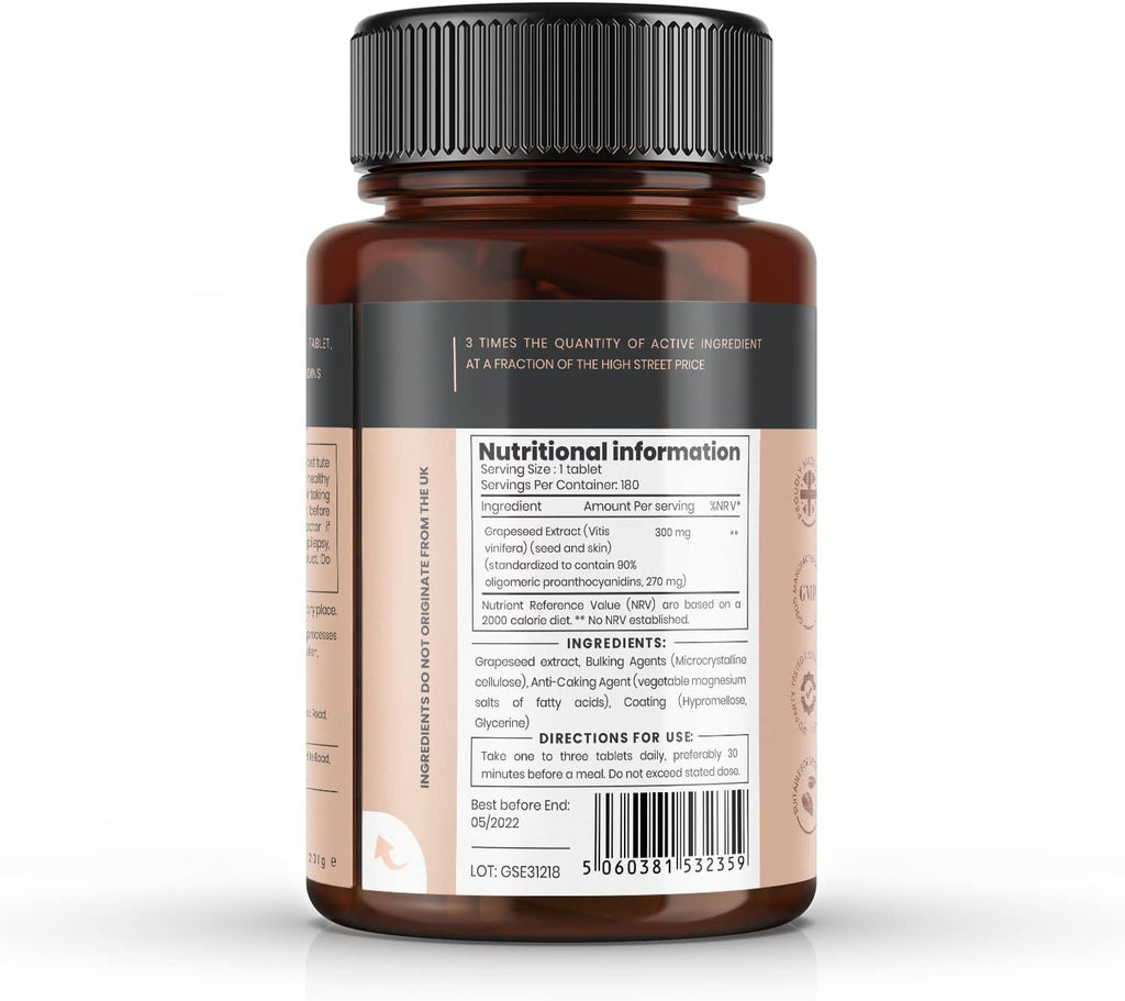 pureclinica Grape Seed Extract 300mg x 180 Tablets - 90% Oligomeric Proanthocyanidins. 300% Stronger Than Regular Grape Seed.