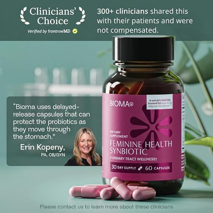 BIOMA Feminine Health Synbiotic - Women's Health Supplement for Healthy Vaginal pH, Urinary Tract & Digestive Support - with Probiotics, Cranberry & Tributyrin - 60 Capsules (30-Day Supply)