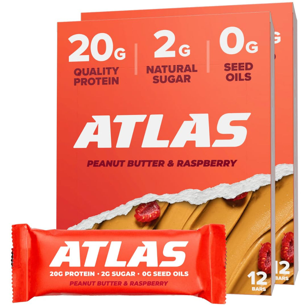 Atlas Protein Bars - 20g Protein, 2g Natural Sugar, 0g Seed Oils (Peanut Butter Raspberry, 24 Count)
