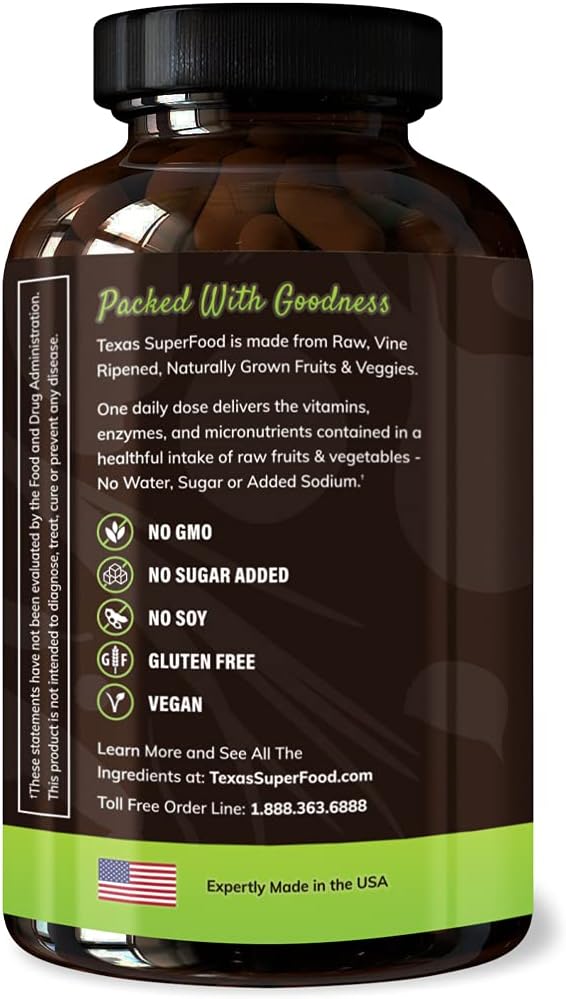 Texas SuperFood - Original Superfood Capsules, Superfood Reds and Greens, All-Natural Whole Food Dietary Supplement, Non-GMO, Gluten Free, Vegan, No Soy, 180 Capsules