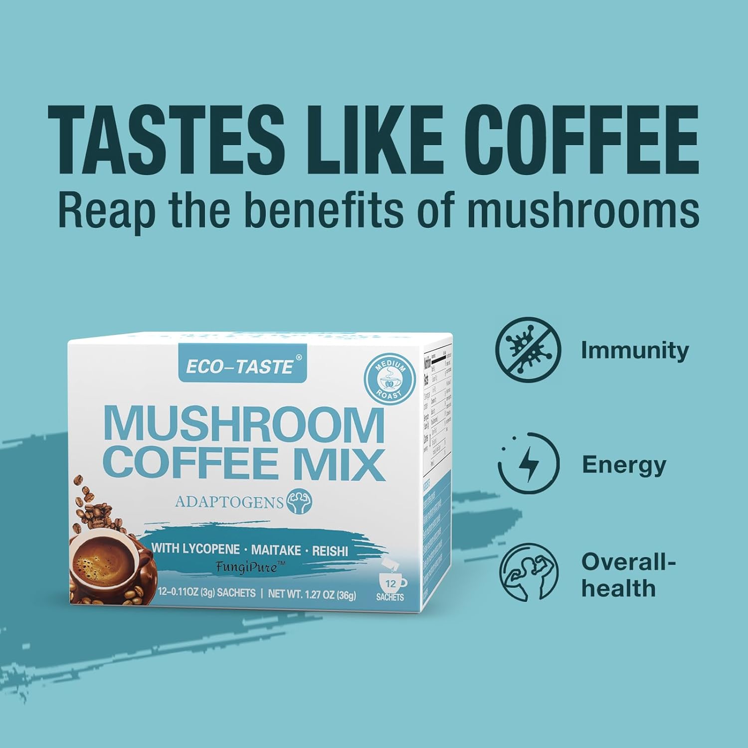 ECO-TASTE Mushroom Coffee Mix, Designed for Immunity with Lycopene, Maitake, Reishi Mushroom – 12 Sachets