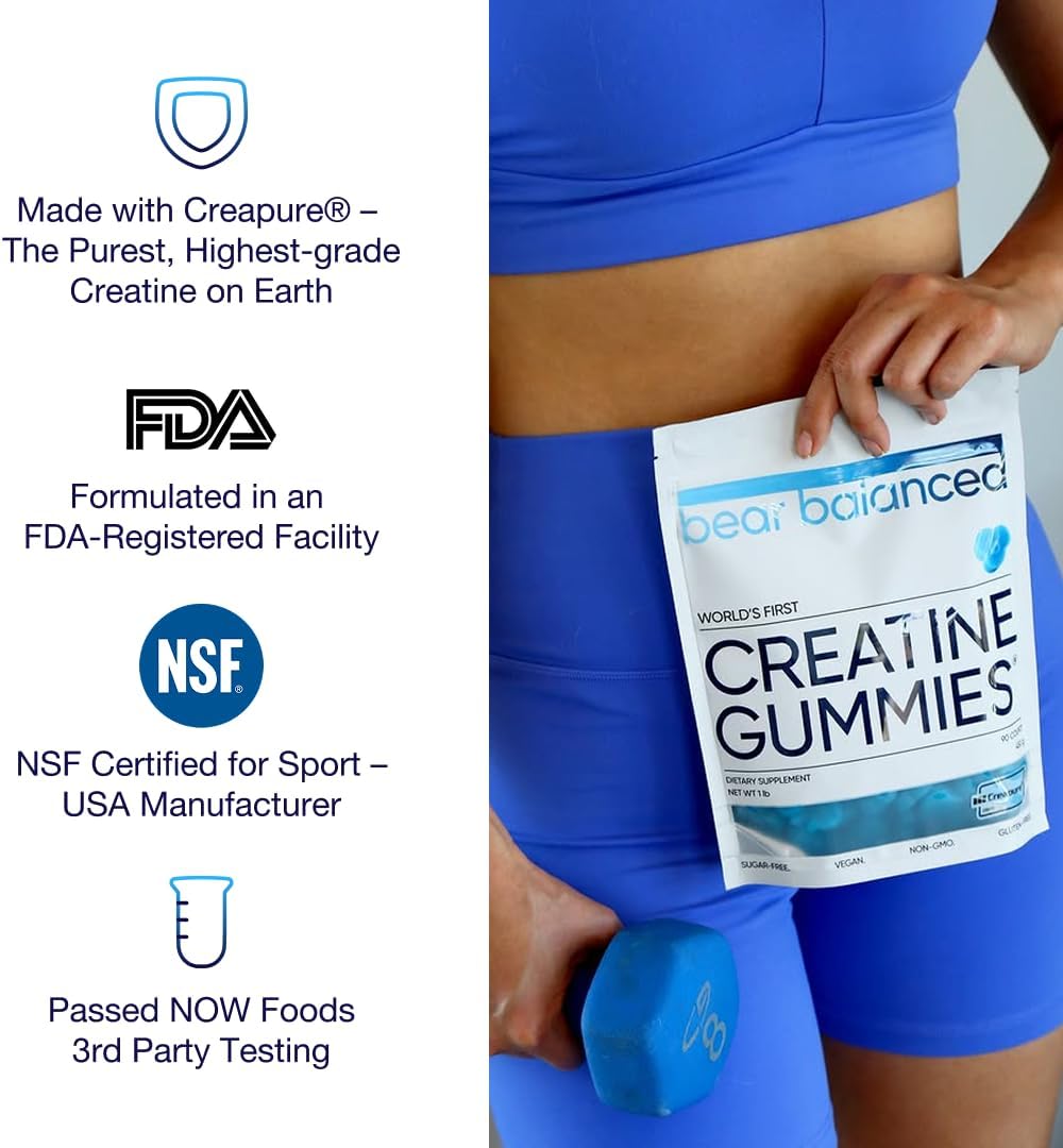 Bear Balanced Creatine Gummies for Men & Women - Creapure® Creatine Monohydrate, L-Theanine, L-Tyrosine & B12 for Muscle Growth, Strength, Focus, Energy & Health - Low Calorie, Sugar-Free, & Vegan