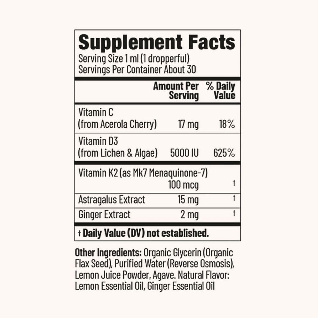 Astragalus & Ginger Natural Vitamin D3 & K2 Liquid Drops for Immune Support | Immunity Herbal Blend | 100% Pure Essential Oils & Lemon Tincture | Made in USA