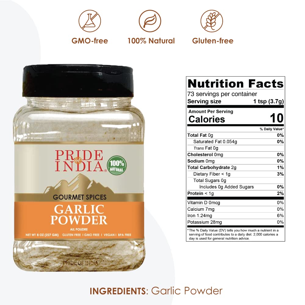 Pride of India - PACK of 6 - Garlic Fine Ground – Gourmet & Culinary Grade – Classic Seasoning to Pasta/Sauces/Dips/Bakes – Easy to Store – 8 oz. Medium Dual Sifter Bottle