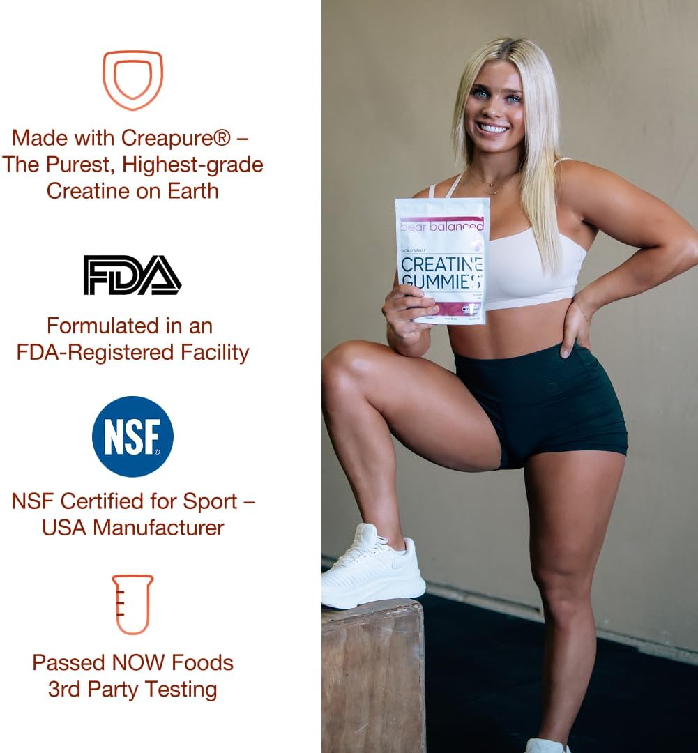 Bear Balanced Creatine Gummies for Men & Women - Creapure® Creatine Monohydrate, L-Theanine, L-Tyrosine & B12 for Muscle Growth, Strength, Focus, Energy & Health - Low Calorie, Sugar-Free, & Vegan