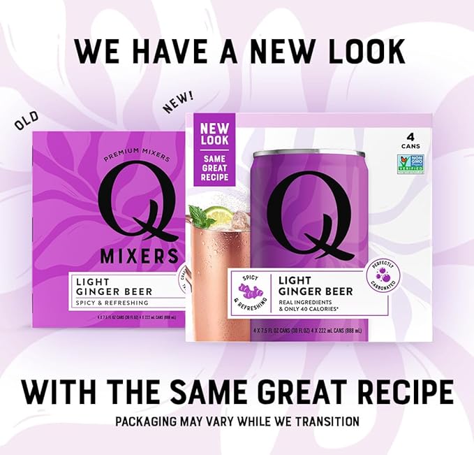 Q LIGHT GINGER BEER with Real Ginger & Organic Agave - Ideal for Cocktails & Mocktails - Made with Real Ingredients, Perfectly Carbonated, & Less Sweet - 40 Calories per Can - 7.5 Fl oz (Pack of 24)