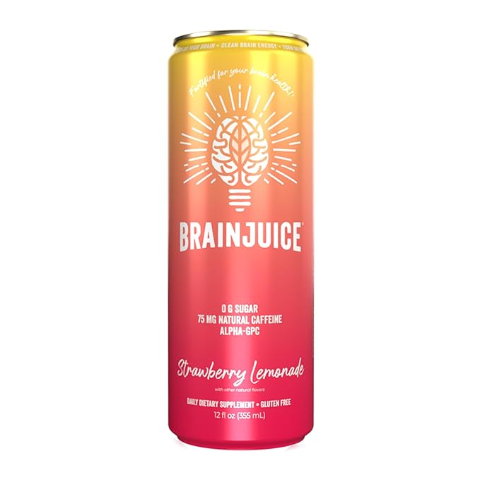 Brainjuice Brain Health Support Drink for Energy & Focus, Vitamin C, B5, B6 & B12, L Theanine, Alpha GPC & Natural Caffeine From Green Tea, Vegan, Gluten Free, Strawberry Lemonade, 12 Oz Can, 6 Pack