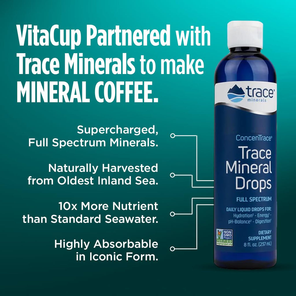 VitaCup Mineral Coffee Pods with Trace Minerals, Hydrate, Replenish & Restore, w/Sea Minerals, Electrolytes, Organic Coffee, Medium Dark Roast, Single Serve Pod Compatible w/Keurig K-Cup Brewers,64 Ct