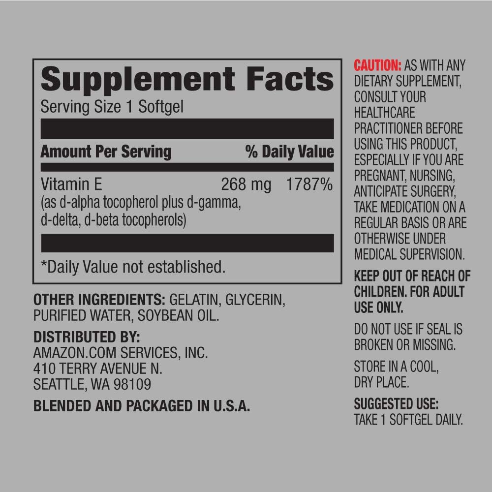 Amazon Elements Vitamin E, 400 IU, 100 Softgels, 100 Days of Supply (Packaging May Vary) (Pack of 2)
