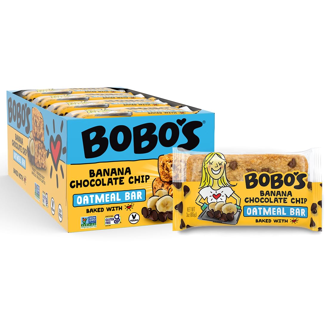 Bobo's Banana Chocolate Chip Oat Bars, Gluten Free, Non-GMO, Whole Grain Oats, Pack of 12 | Snack Bars | On-the-Go | Made with Simple Ingredients