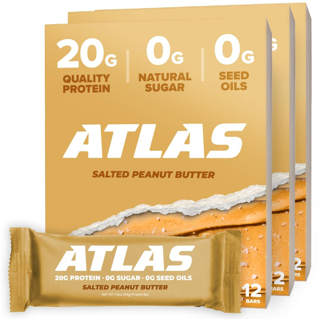 Atlas Bar – 20g Protein, 1g Sugar, 0g Seed Oils, 0g Artificial Sweeteners (Salted Peanut Butter, 36 Count)