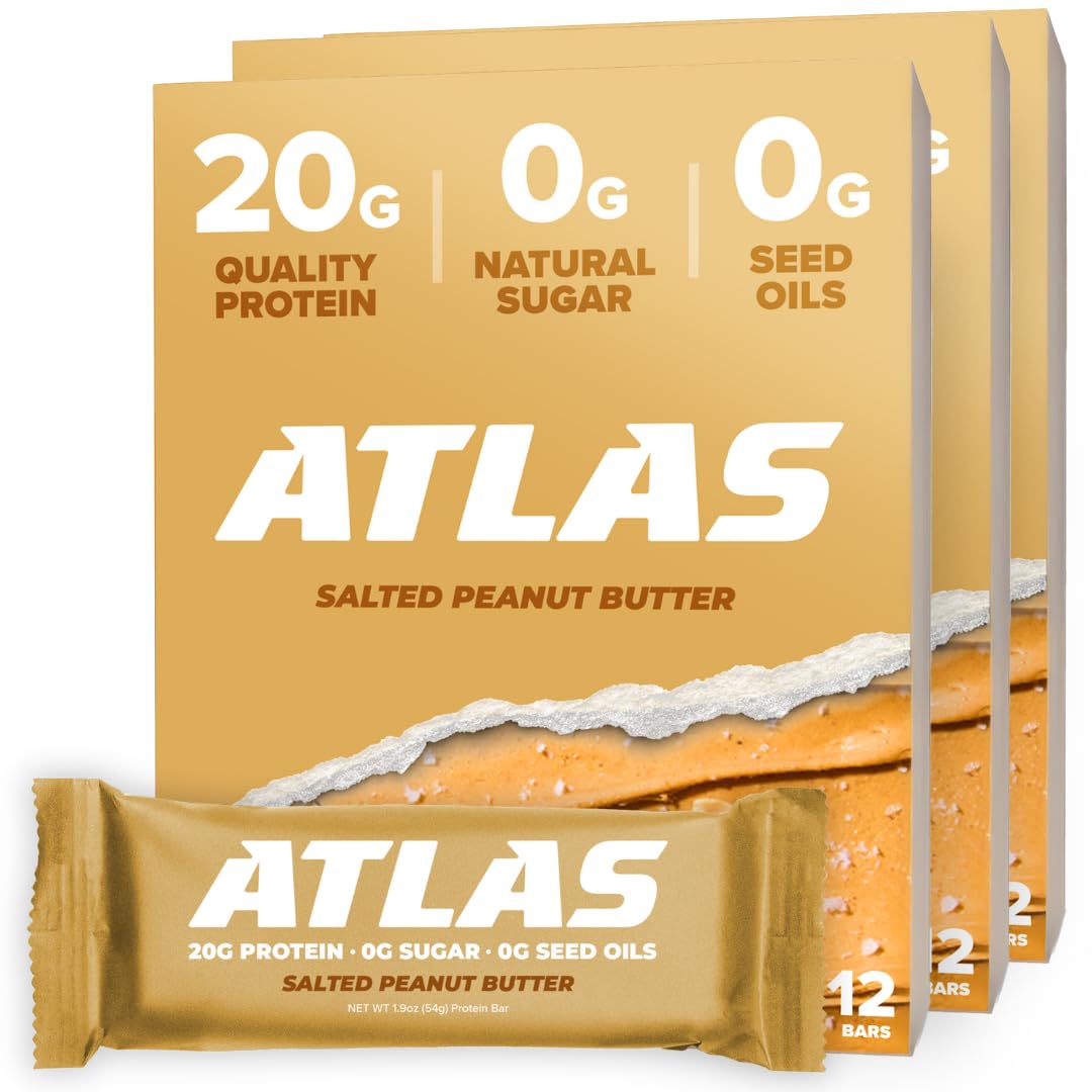 Atlas Bar – 20g Protein, 1g Sugar, 0g Seed Oils, 0g Artificial Sweeteners (Salted Peanut Butter, 36 Count)