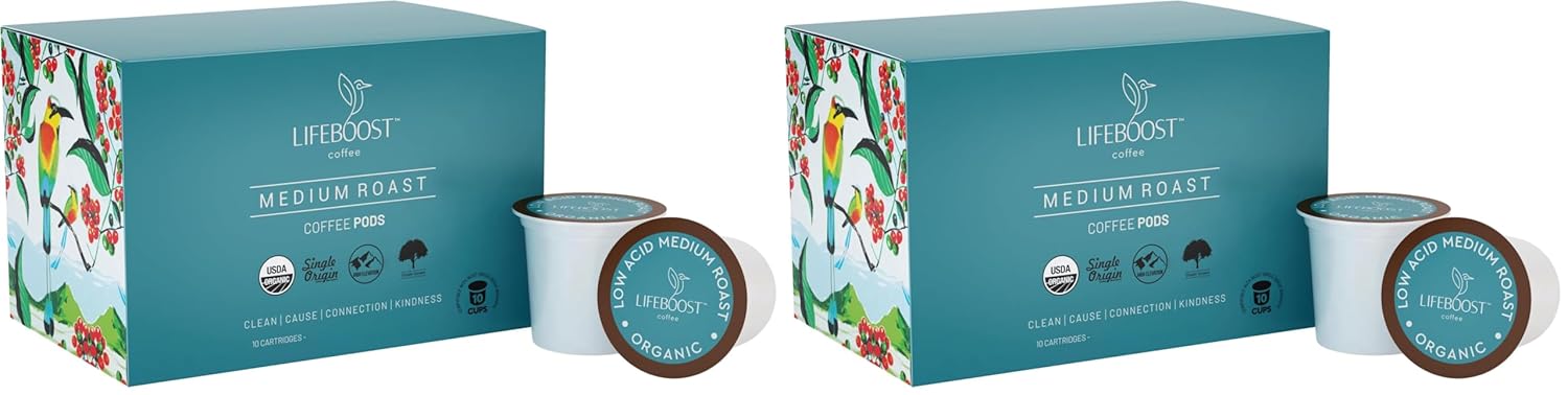 Lifeboost Medium Roast Low Acid Coffee K Cups - Single Origin Mold Free Non-GMO Organic Coffee Pods - Compatible with Keurig & Keurig 2 Machines - 10 Count (Pack of 2)