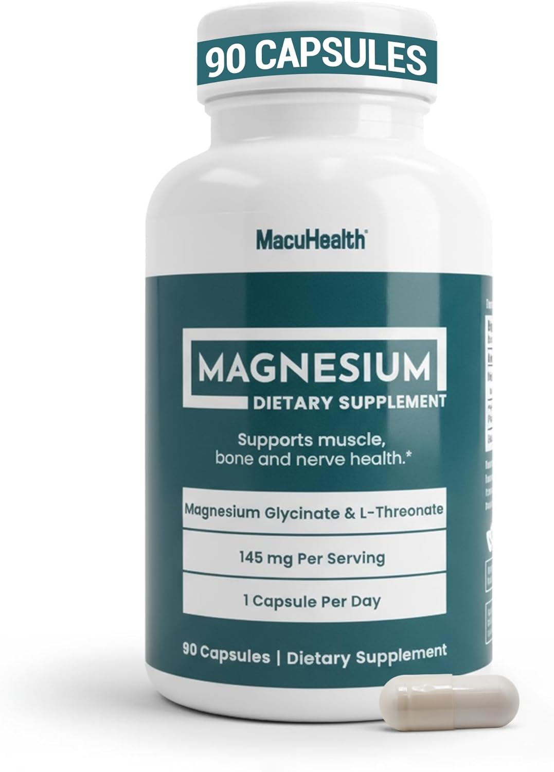 MacuHealth Magnesium Glycinate & L-Threonate 145mg - 90 Capsules - Highly Absorbable Magnesium for Energy, Calm & Focus - Gentle on Stomach, Vegan, Non-GMO - Premium Chelated Magnesium Supplement