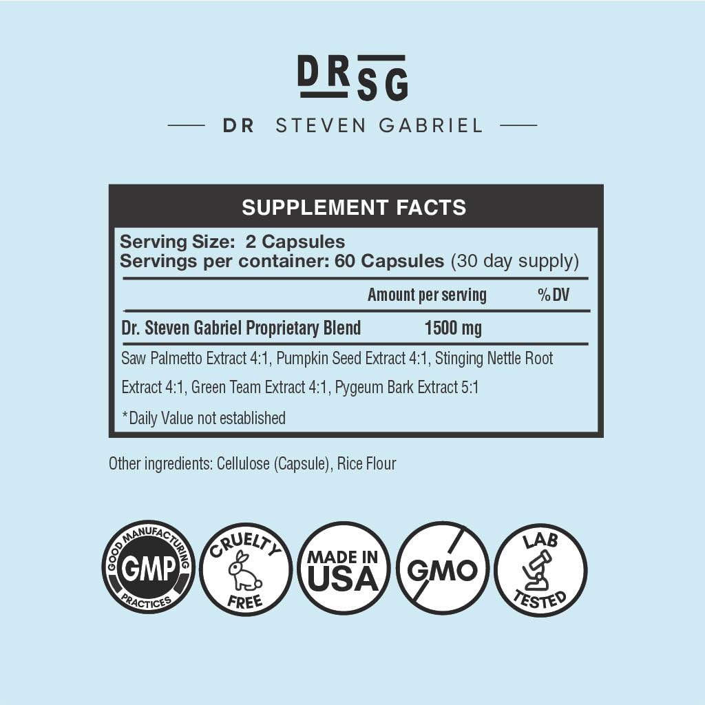 Dr. Steven Gabriel Natural DHT Blocker for Women and Men - Hair Growth Supplement with Saw Palmetto, Stinging Nettle, Pygeum Bark, Pumpkin Seed Oil Capsules (60 Caps)