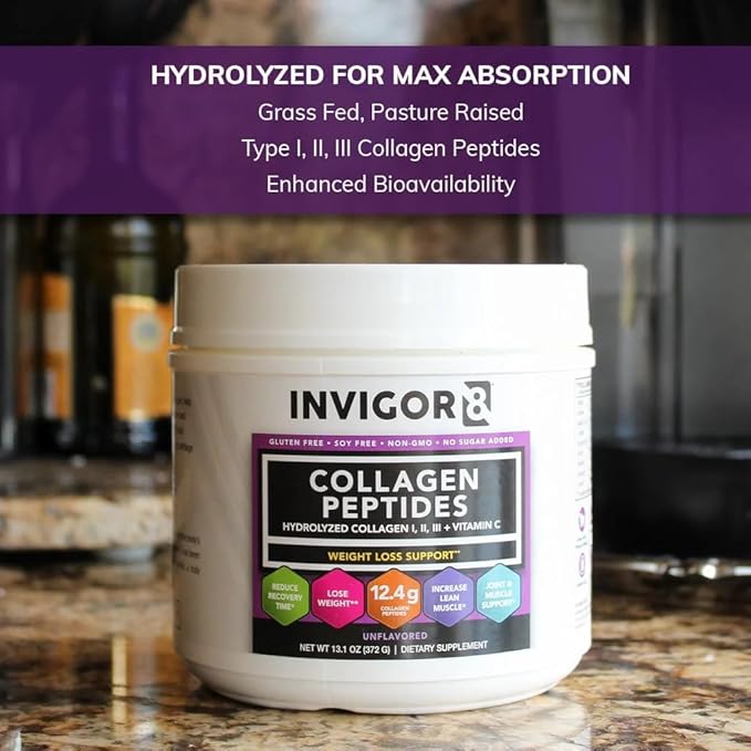 INVIGOR8 Collagen Peptides Powder Hydrolyzed + Vitamin C Hydrolyzed Type I, II, & III + Vitamin C Unflavored Non-GMO Grass-Fed Supplement Supports Joints, Skin, Hair, Nails and Anti-Aging (12.4g)