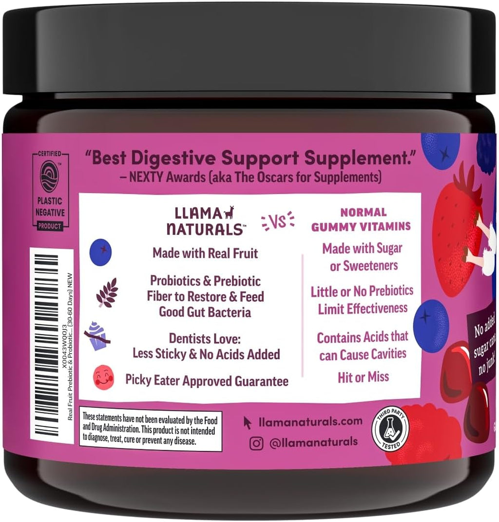 Llama Naturals Kids Probiotic with Prebiotic Fiber, Vegan, Organic Prebiotics and Probiotics Gummies for Gut Health Support, Toddler Real Fruit Gummy Vitamins, No Added Sugar Cane, Mixed Berry, 120 Ct