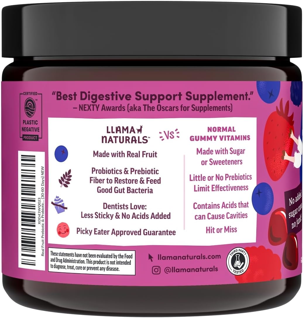 Llama Naturals Kids Probiotic with Prebiotic Fiber, Vegan, Organic Prebiotics and Probiotics Gummies for Gut Health Support, Toddler Real Fruit Gummy Vitamins, No Added Sugar Cane, Mixed Berry, 120 Ct