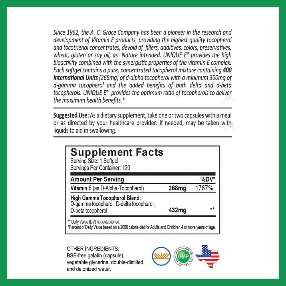 UNIQUE E A.C. Grace Company Mixed Tocopherols 120 Soft Gels, Supports Healthy Brain Function, General Health, and Aging Support, All-Natural Vitamin E and Kosher