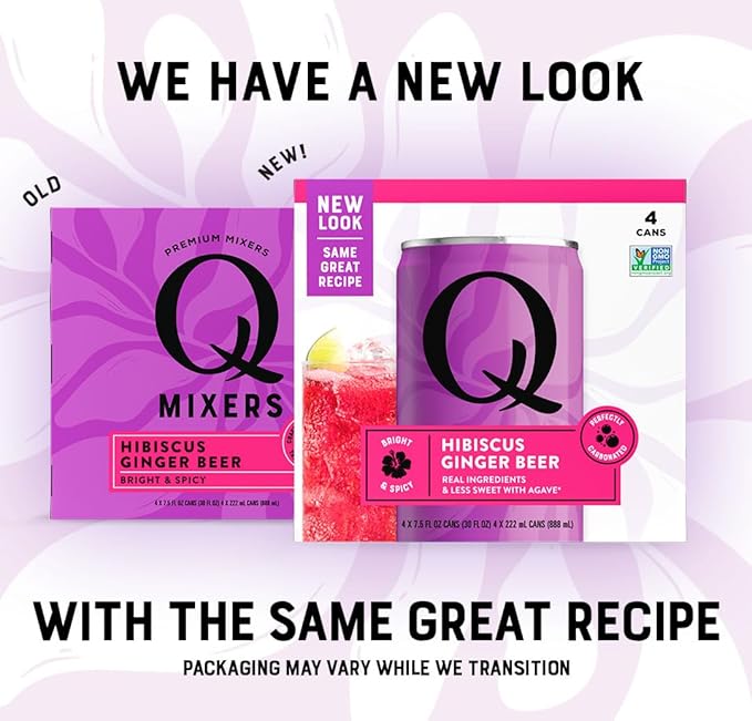 Q HIBISCUS GINGER BEER with Real Ginger, Hibiscus, & Organic Agave - Cocktails & Mocktails - Real Ingredients, Perfectly Carbonated & Less Sweet - 80 Calories per Can - 7.5 Fl Oz Cans (Pack of 24)