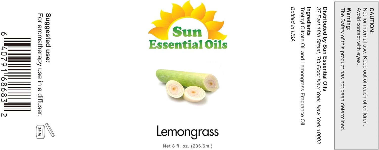Sun Essential Oils - Lemongrass Essential Oil 8 oz with Dropper for Diffuser, Hair & Skincare, Aromatherapy Massage, Humidifier, Candle, Soap & Lotion Making at Home