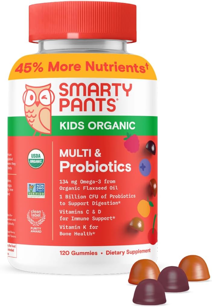 SmartyPants Organic Kids Multivitamin Gummies: Probiotics, Omega 3 (ALA), Vitamin D3, C, Vitamin B12, B6, A, K & Zinc for Immune Support, Biotin, Three Fruit Flavors, 120 Count (30 Day Supply)