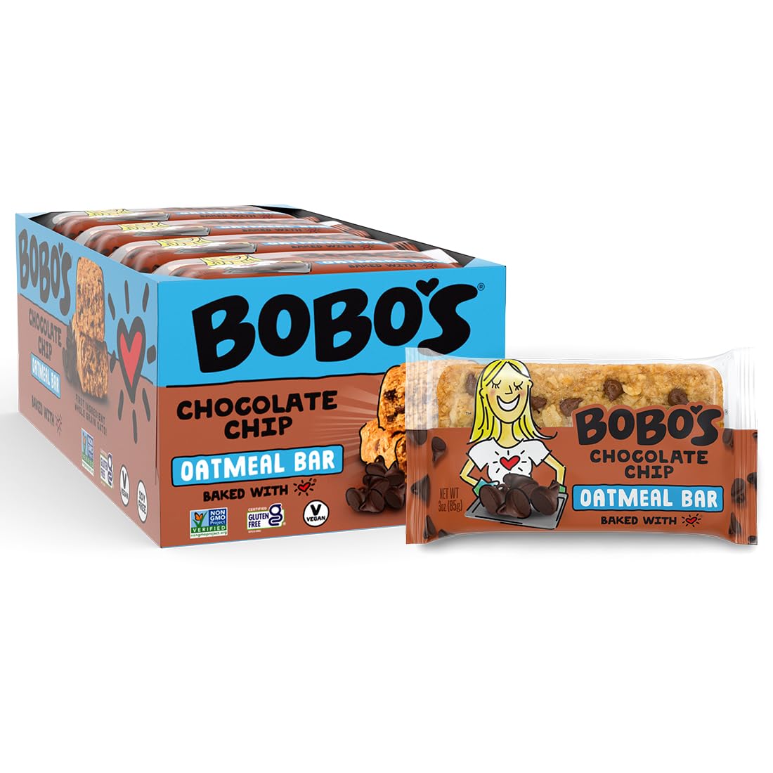 Bobo's Chocolate Chip Oat Bars, Gluten Free, Non-GMO, Whole Grain Oats, Pack of 12 | Snack Bars | On-the-Go | Made with Simple Ingredients