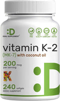 DEAL SUPPLEMENT Vitamin K2 MK-7 200mcg Per Serving, 240 Coconut Oil Softgels | Easily Absorbed Menaquinone-7 Form | Bone, Joint, & Immune Support – Non-GMO