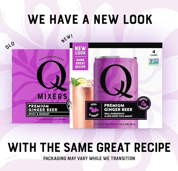 Q GINGER BEER with Real Ginger & Organic Agave - Ideal for Cocktails & Mocktails - Made with Real Ingredients, Perfectly Carbonated & Less Sweet - 80 Calories per Can - 7.5 Fl Oz Cans (Pack of 24)