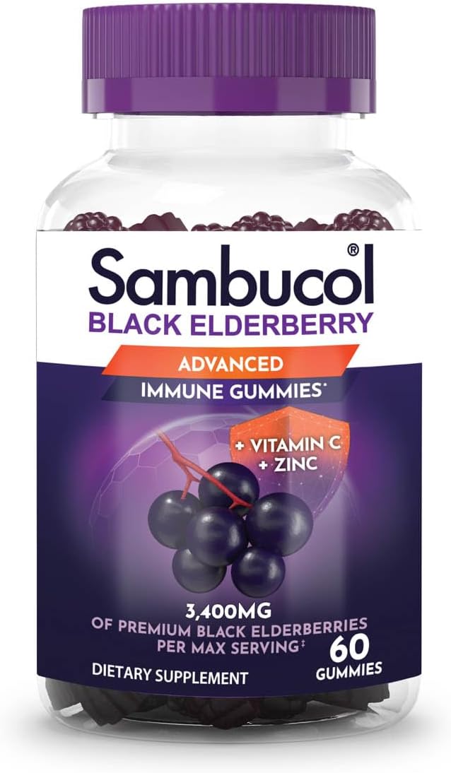 Sambucol Black Elderberry Gummies - Elderberry with Zinc and Vitamin C for Adults, Sambucus Elderberry Gummies, Immune Support Gummies - 60 Count