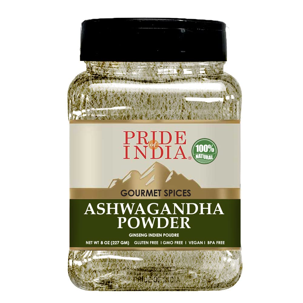 Pride Of India - PACK of 6 - Natural Ashwagandha Root Ground – Health Benefits – Good for Energy Level/Body Functions – No Gluten/Additives – Easy to Store – 8 oz. Medium Dual Sifter Jar