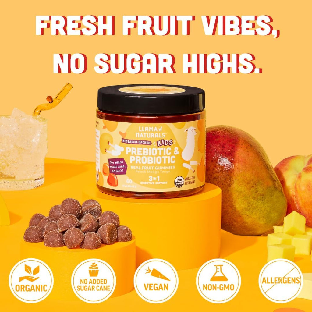 Llama Naturals Kids Probiotic with Prebiotic Fiber, Vegan, Organic Prebiotics and Probiotics Gummies for Gut Health Support, Toddler Real Fruit Gummy Vitamins, No Added Sugar Cane, Peach Mango, 60 Ct
