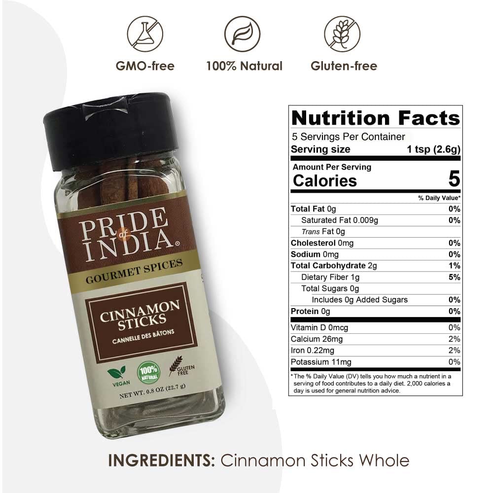 Pride of India | Cinnamon Bark Whole 0.8 oz (22.67 gm) Small Dual Sifter Bottle | Freshly Sourced from India | Gourmet Whole Spice | Strong Aroma | Perfect for Cooking & Baking | Easy to Use