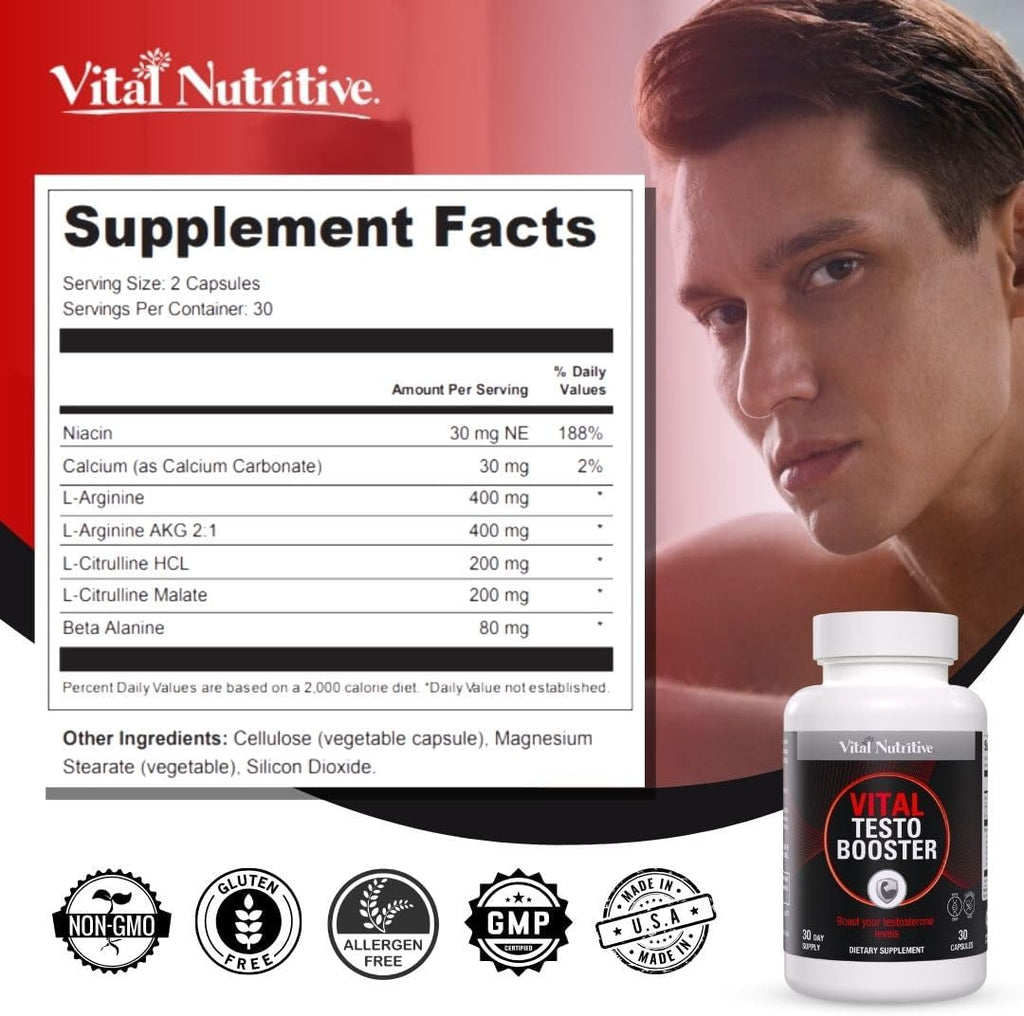 Vital Testo Booster - Natural Testosterone Support Supplement for Men | Promotes Energy, Stamina, and Vitality | Men’s Health | Made in USA | 30 Days Supply