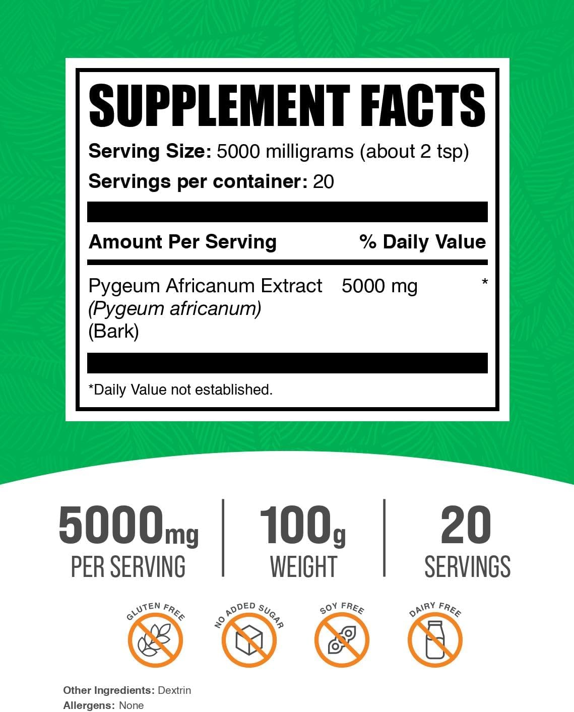 BulkSupplements.com Pygeum Africanum Extract Powder - from Pygeum Bark, Nutritional Supplement - Gluten Free - 5g per Serving, 100g (3.5 oz) (Pack of 1)