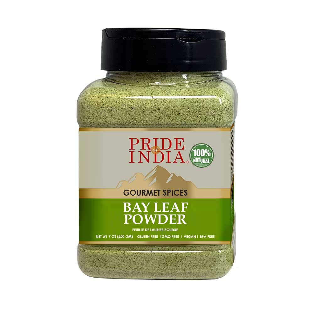Pride of India - PACK of 6 - Bay Leaf Powder – Fresh & Authentic Bay Leaf Ground – Gourmet Spice – Good for Seasoning Stews/Soups/Tea – Easy to Store – 7 oz. Medium Dual Sifter Jar
