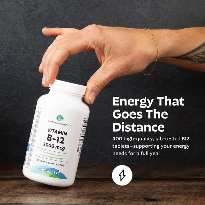 Earth's Splendor Energy Supplements, with Vitamin B12, No Artificial Color or Flavor, Gluten Free, Energy Metabolism Support (1000mcg, 200 Tablets)