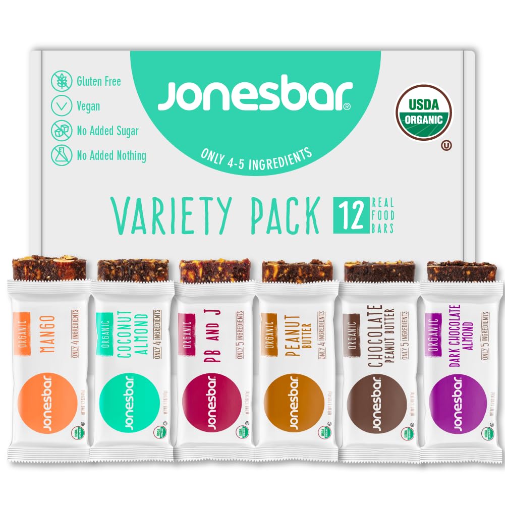 JONESBAR Organic Plant Based Protein Bars | 6 Flavor Variety Pack | Fruit & Nut Bar, Kosher, Gluten Free, Breakfast Bars, School Snacks, Vegan Snack & Healthy Snacks for Adults and Kids (Pack of 12)