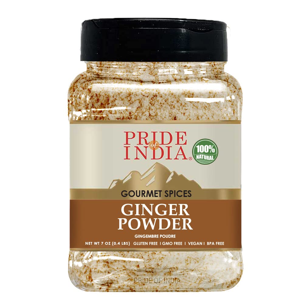 Pride of India - PACK of 6 - Ginger Fine Ground – Gourmet Spice – Blends Well – Good for Cooking/Baking/Tea & More – No Additives – Fresh Root Powder – Easy to Store – 8oz. Medium Dual Sifter Bottle