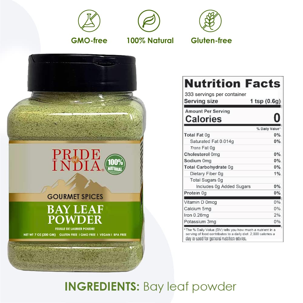 Pride of India - PACK of 6 - Bay Leaf Powder – Fresh & Authentic Bay Leaf Ground – Gourmet Spice – Good for Seasoning Stews/Soups/Tea – Easy to Store – 7 oz. Medium Dual Sifter Jar