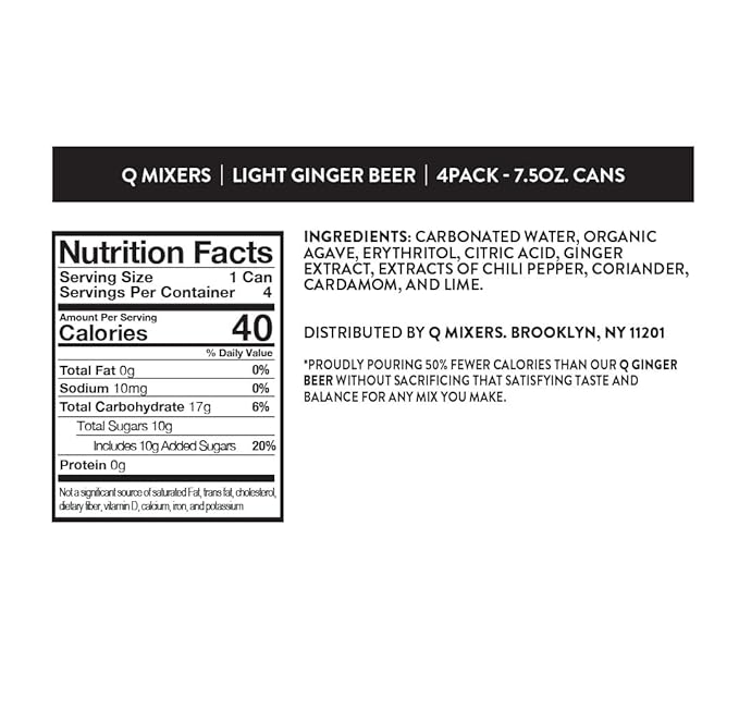 Q LIGHT GINGER BEER with Real Ginger & Organic Agave - Ideal for Cocktails & Mocktails - Made with Real Ingredients, Perfectly Carbonated, & Less Sweet - 40 Calories per Can - 7.5 Fl oz (Pack of 24)